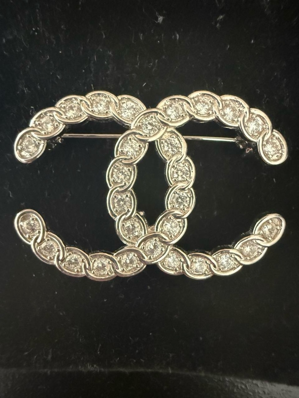 Crystal-Embellished Silver Double-C Logo Brooch